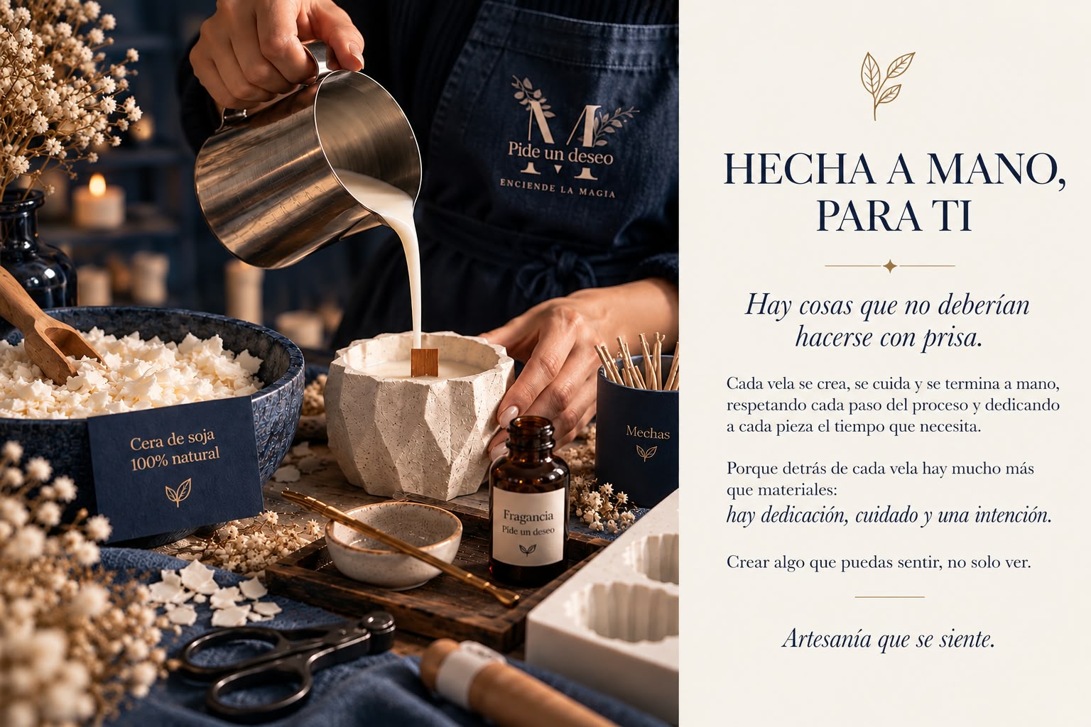 Hecha a mano, para ti. Cada vela se crea, se cuida y se termina a mano.